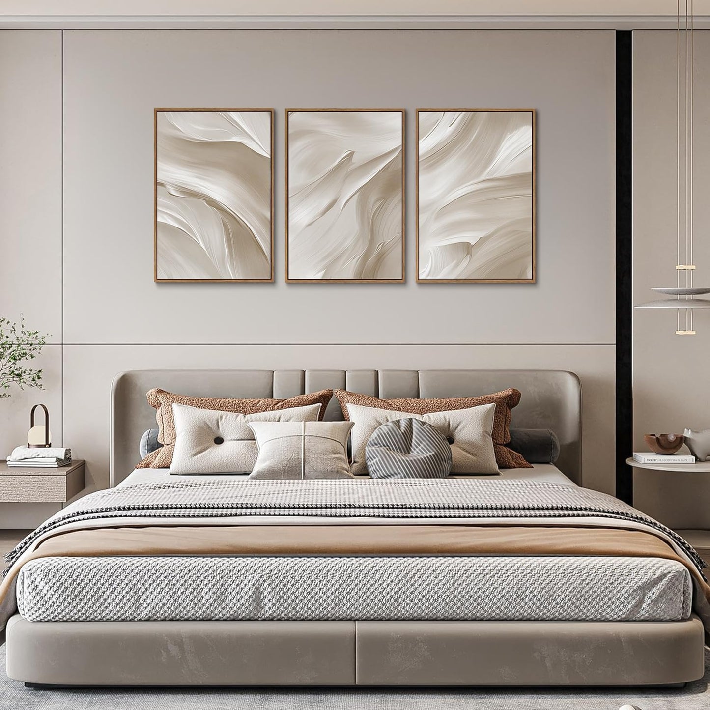 myusuar 3 Piece Large Abstract Framed Wall Art For Living Room, Smoke Texture Ink Beige White Canvas Wall Art Modern Minimalist Art Prints Wall Décor For Bedroom Office 12x16in