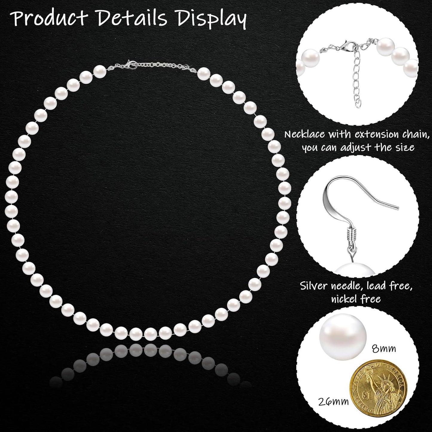 4 Pcs 1920s Faux Pearl Costume Jewelry Set for Women Halloween Simulated Necklace Bracelet Earrings for Wedding