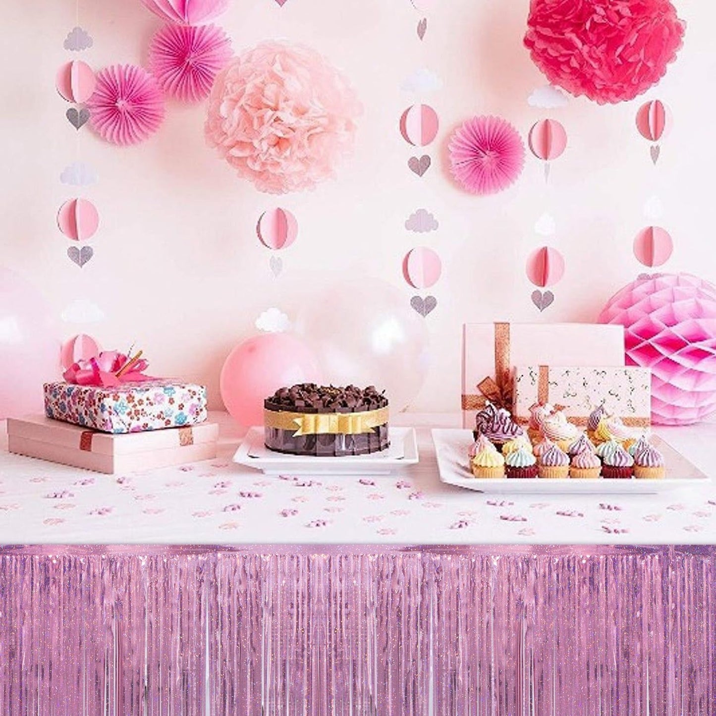 Laser Pink Birthday Decorations Tinsel Garland Parade Float Decorations for Trailer 4Pack 12FT Girls Womens Party Decor Ceiling Fringe Banner Pink Backdrop for Streamers Party Decorations