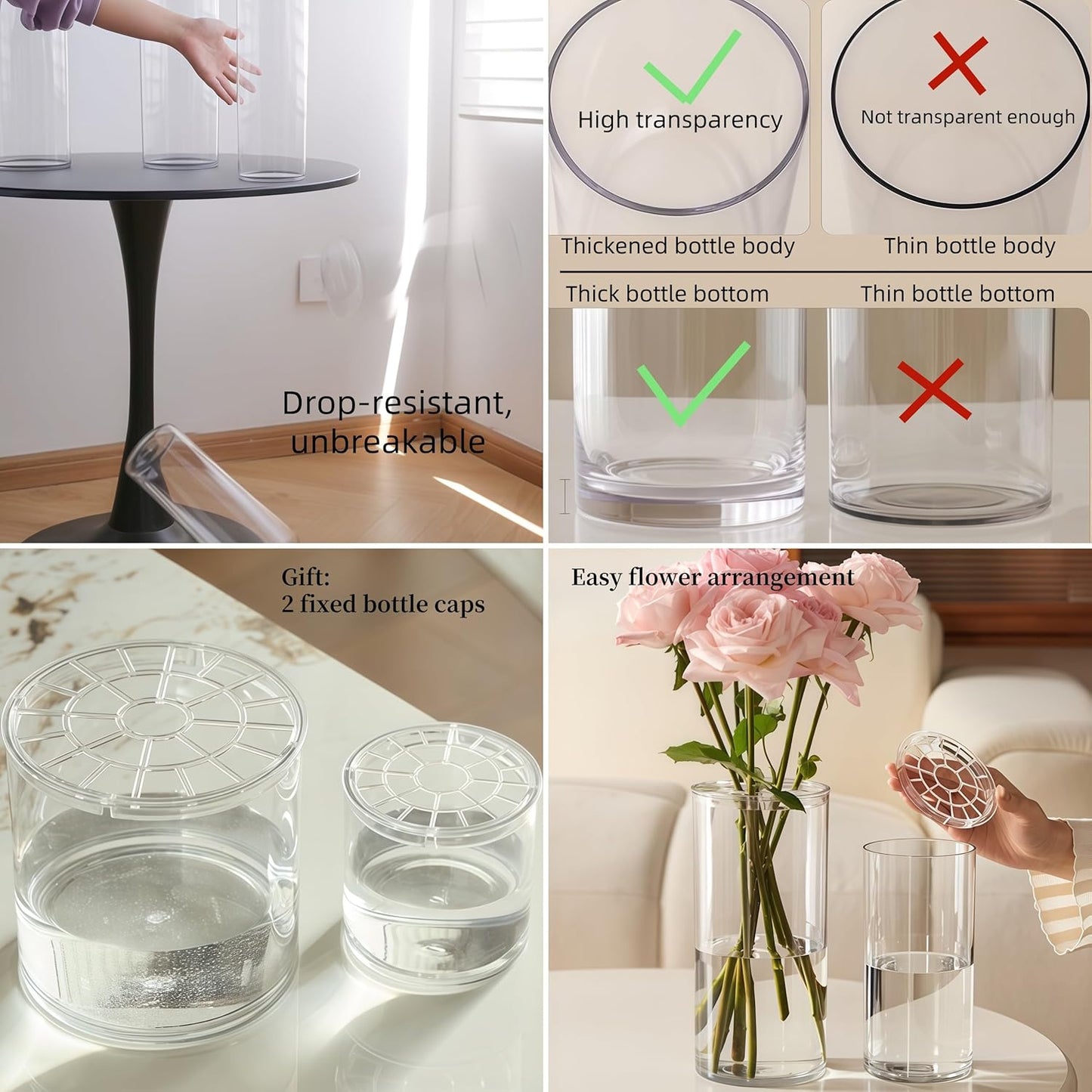 2 Acrylic Cylinder Clear Vase for Centerpieces, Tall Large Unbreakable Plastic Flower Vases for Home Decor (D 4.8" X H 7.8" - H 12" + 2 Holder)