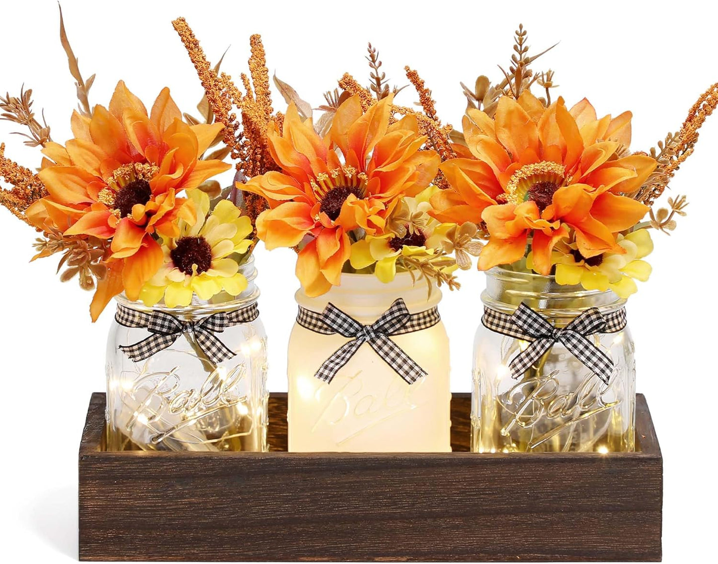 Thanksgiving Mason Jar Centerpiece for Table with LED Lights & Artificial Flowers, Set of 3 Mason Jars Farmhouse Painted Decorative Jars for Fall Home Decor, Kitchen Table Centerpiece