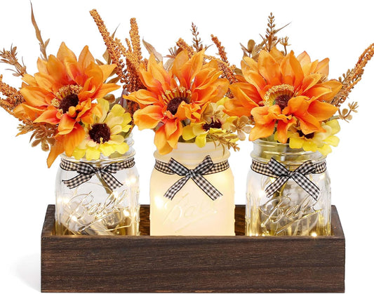 Thanksgiving Mason Jar Centerpiece for Table with LED Lights & Artificial Flowers, Set of 3 Mason Jars Farmhouse Painted Decorative Jars for Fall Home Decor, Kitchen Table Centerpiece