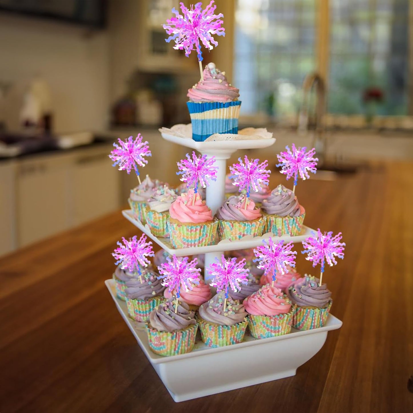 Gyufise 20Pcs Foil Firework Cupcake Toppers Happy Birthday Cake Toppers Sparkle Tinsel Flower Drink Stirrers Cocktail Food Fruit Toothpicks for Valentine's Day Party Supplies Rose Red