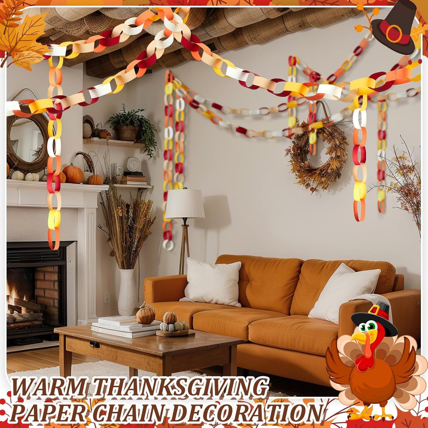 Lincia 600 Sheet Halloween Paper Chain Garland, Construction DIY Crafts Chain Strip for Fall Thanksgiving Party Decor, 1x8 Inch with Double Sided Tape (Thanksgiving)