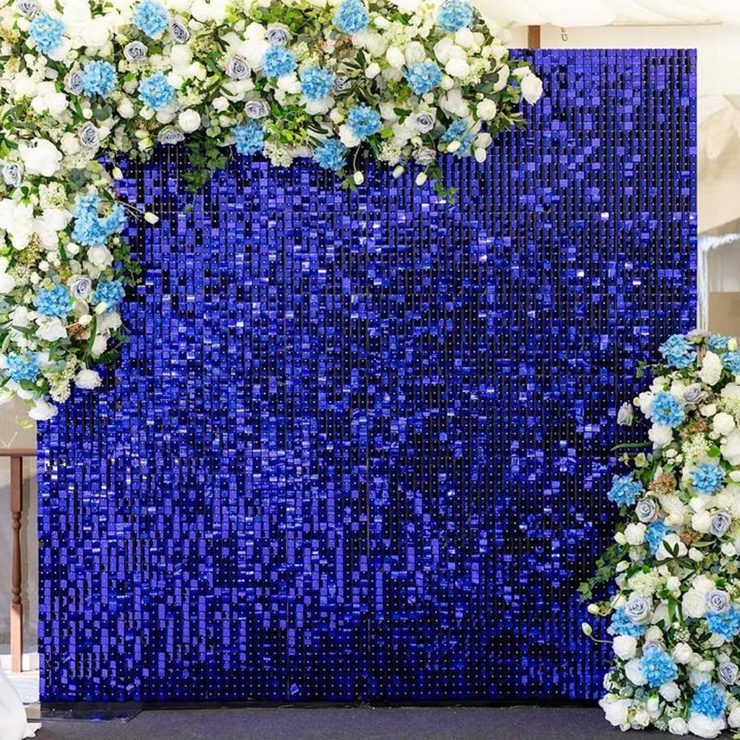 Qcity Blue Shimmer Wall Backdrop 30PCS, Black Back Not See-Through Design, Square Sequin Glitter Backdrop Panel, Perfect for Outdoor Events, Birthdays, Wedding and Party Decoration