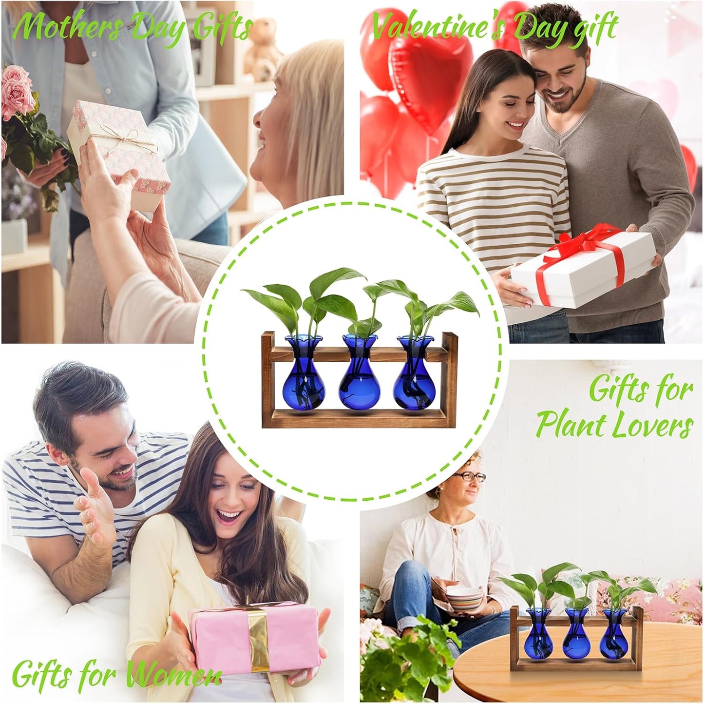 Plant Propagation Station Plant Terrarium Unique Birthday Gifts for Women Home Office Decor Planter with Wooden Stand - 3 Bulb Glass Vase