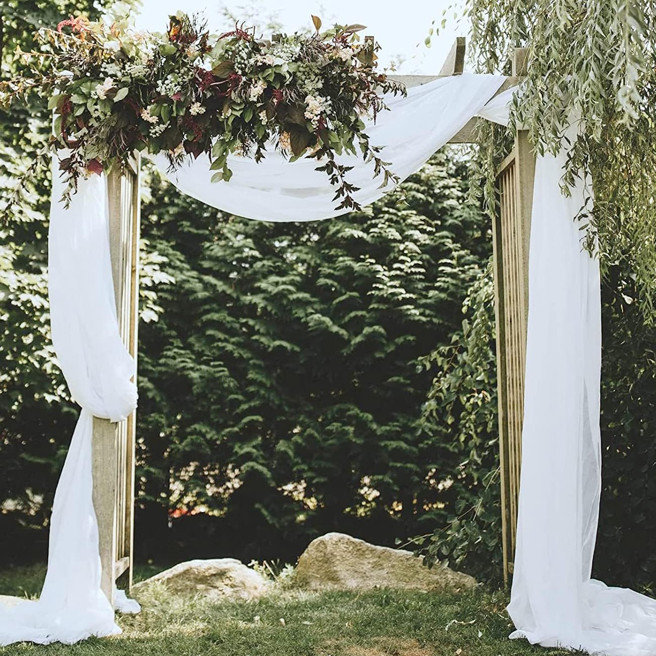 White Wedding Arch Draping Fabric 20Ft Arch for Wedding Ceremony Outside Birch Wood White Chiffon Fabric Drapes Sheer Backdrop Drapes for Party Ceremony Arch Stage