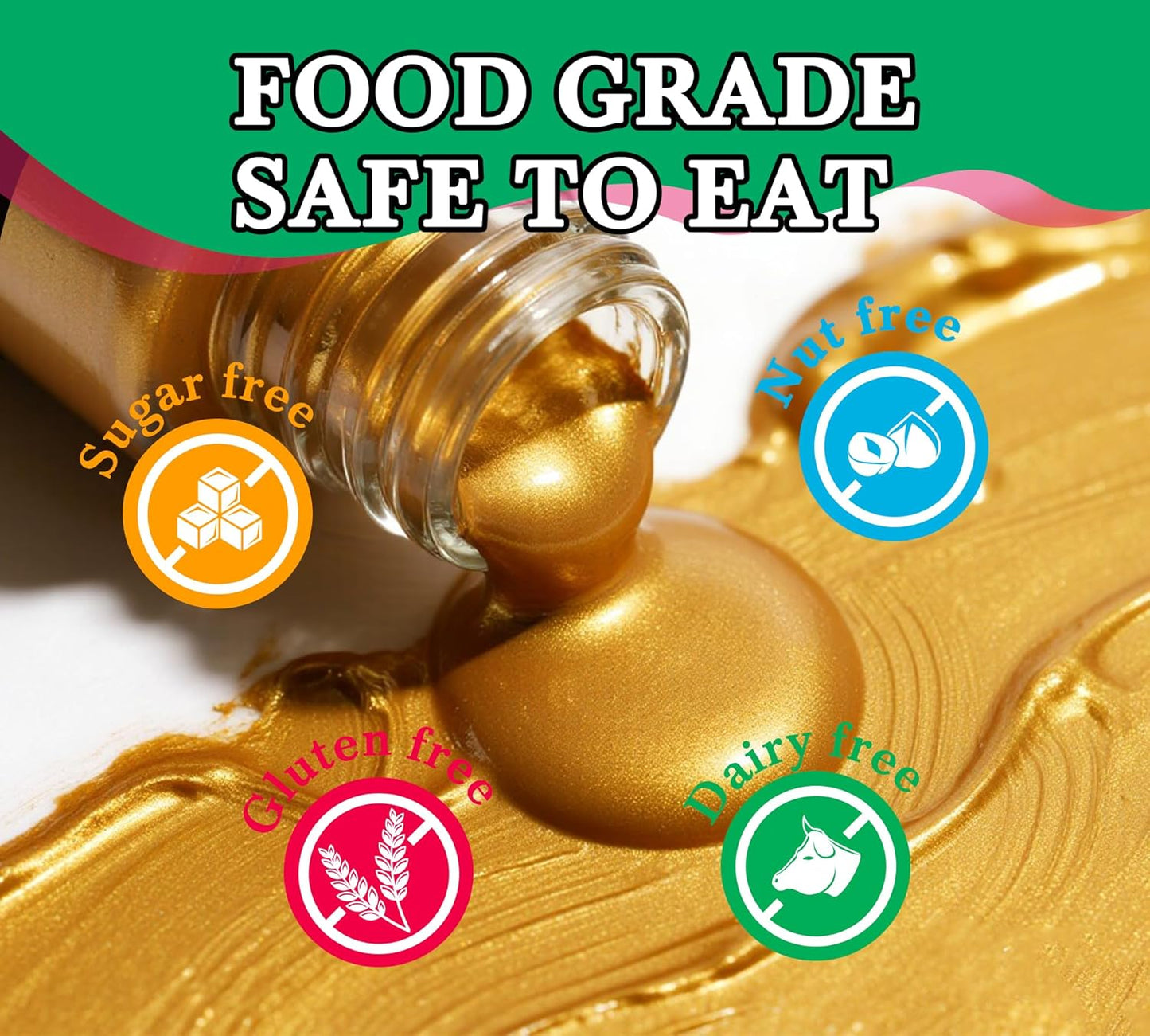 Edible Glitter Paint - 2 fl.oz / 60ml Food Safe Edible Gold Paint for Halloween Cake Decorating, Chocolate, Cocktail, Cupcakes - Gold Food Coloring Liquid Luster Dust for Candy, Drinks, Baking