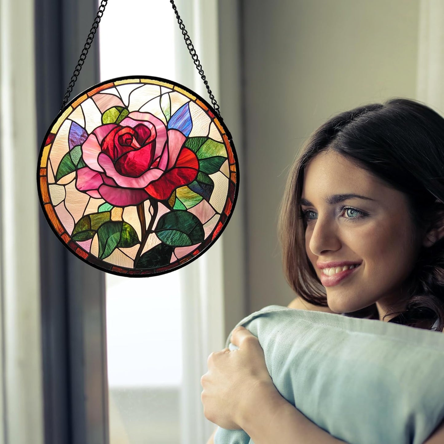 Stained Glass Window Hanging - Pink Rose Suncatcher for Door Garden Home Decor Birth Flower Sun Catcher Christmas Birthday for Friend Lovers Women Mom Nana 15 in