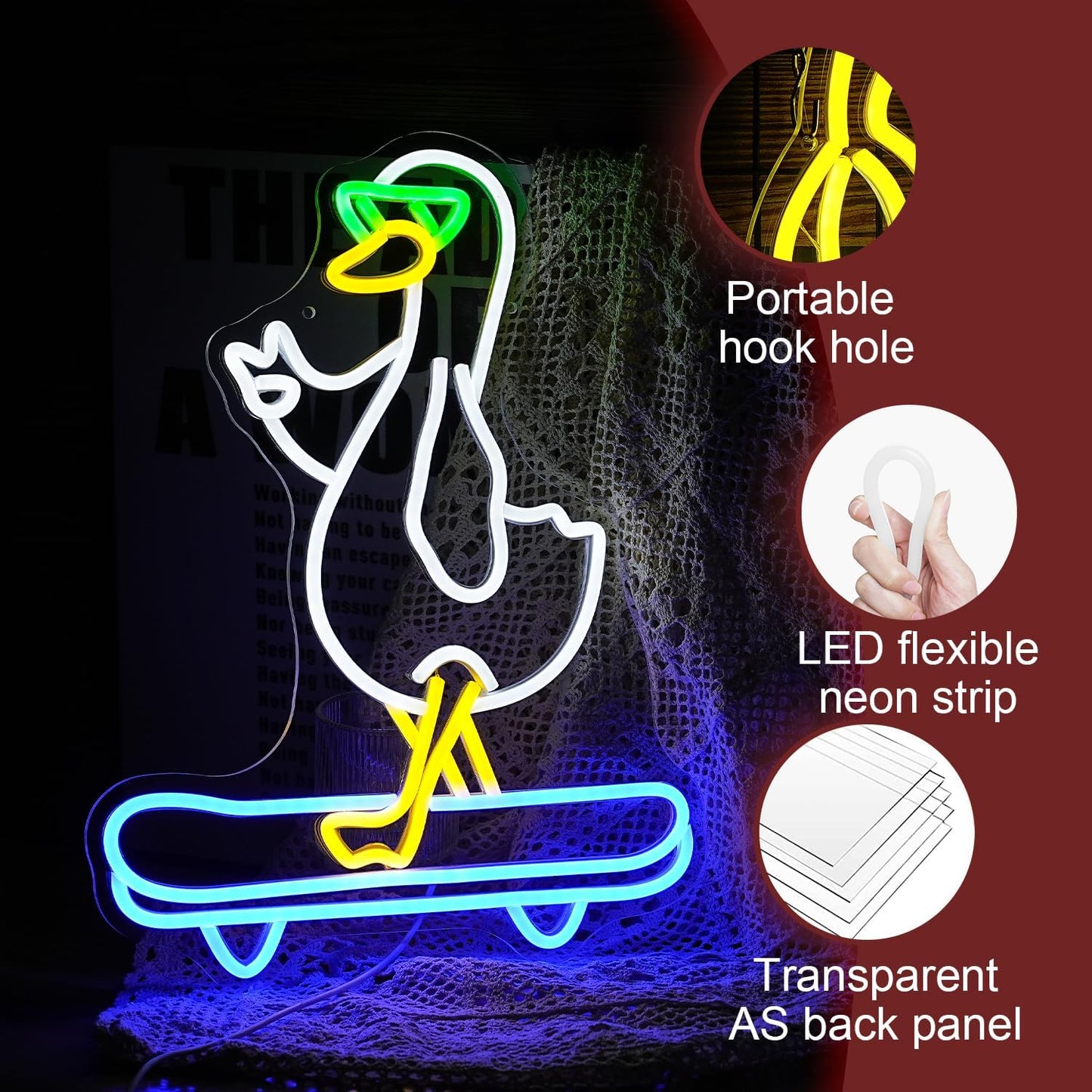 Duck Neon Sign Cool Skateboard Glasses Duck Neon Light for Wall Decor Dimmable Duck Light Up Sign Powered by USB for Living Room Kids Room Art Wall Decor Boys Girls Gifts (16.7”*12.8”)