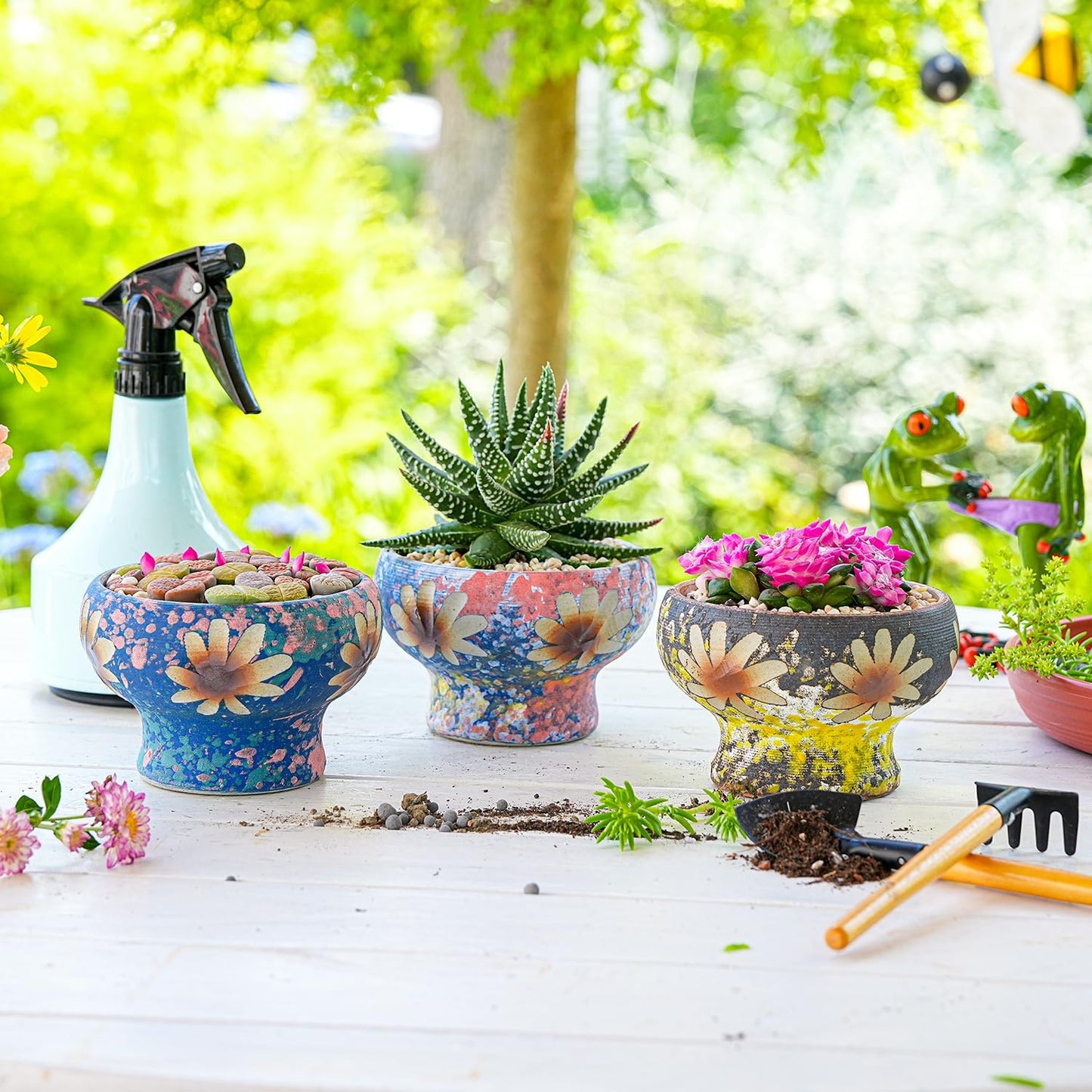 Sungmor Small Succulent Planters Set of 3, Beautiful Hand Crafted Ceramic Plant Pots Cute Cactus Pot, 4.9 Inch Flower Pots for Indoor Plants with Drainage, Desktop Windowsill Home Office Decor Pots