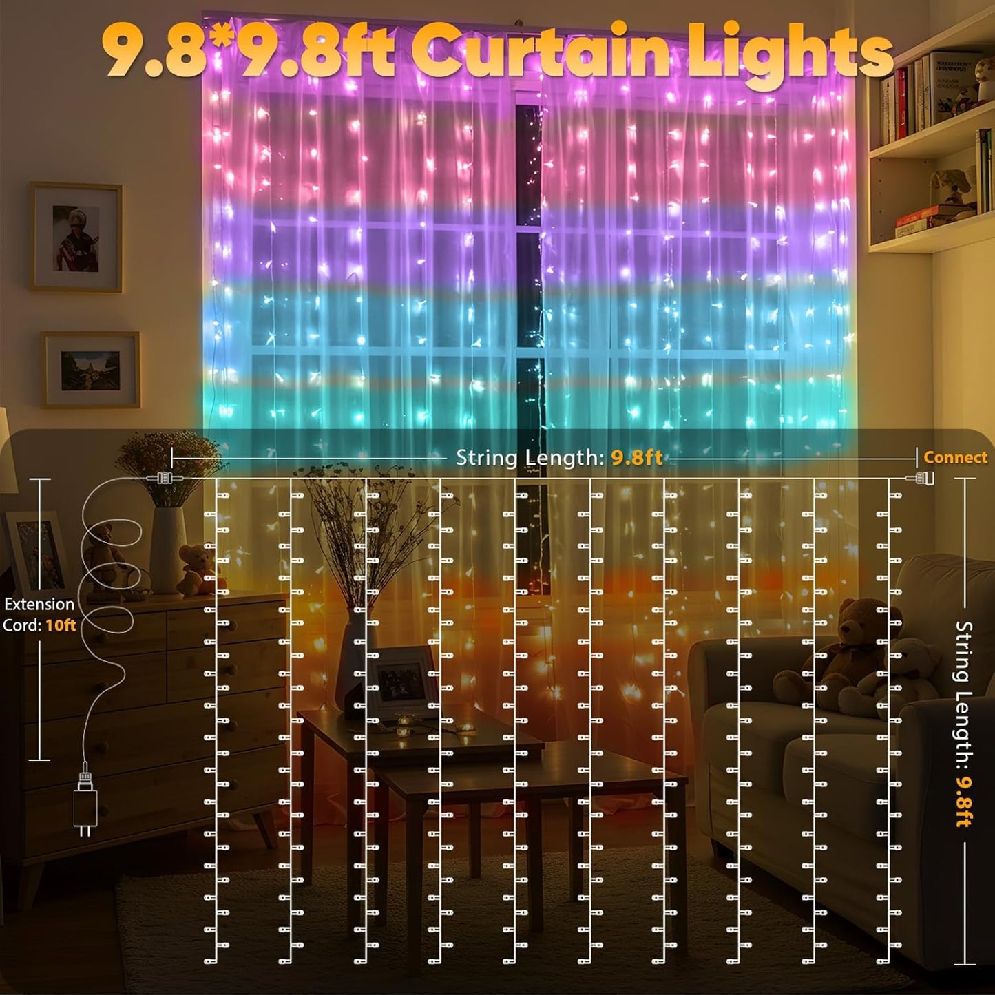 suddus Curtain Lights for Bedroom, 320 Led 9.8ft x9.8ft Hanging String Lights Indoor, Curtain String Lights for Backdrop, Window, Wall, Wedding, Party, Garden, Porch, Brithday Decor Multicolor