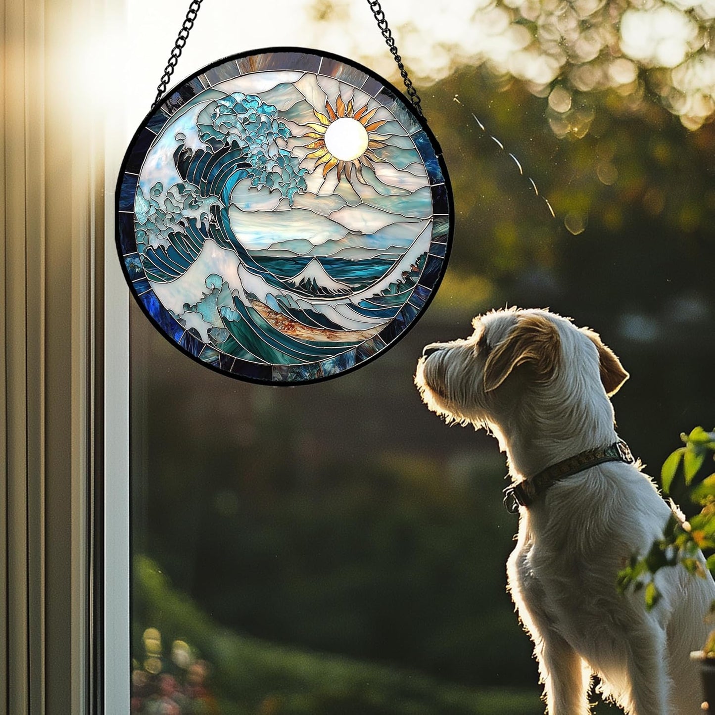 Stained Glass Window Hanging - White Sun Big Wave Suncatcher for Door Terrace Garden Home Decor Blue Ocean Landscape Sun Catcher Birthday Gifts for Lovers Women Men Dad Mom Nana9.8 in