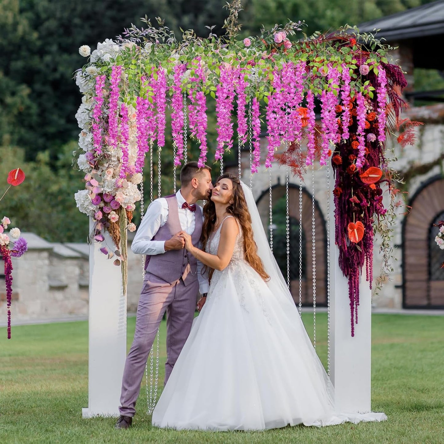 12 Pack Purple Red Wisteria Hanging Flowers Garland, 3.77 Feet Artificial Flower Vines, Fake Wisteria, Artificial Vines Hanging Garland for Backdrop Outdoor Yard Garden Decor