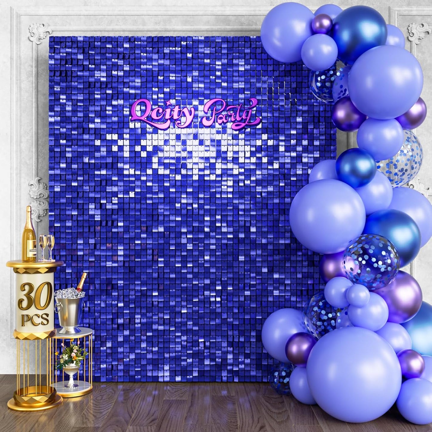 Qcity Blue Shimmer Wall Backdrop 30PCS, Black Back Not See-Through Design, Square Sequin Glitter Backdrop Panel, Perfect for Outdoor Events, Birthdays, Wedding and Party Decoration
