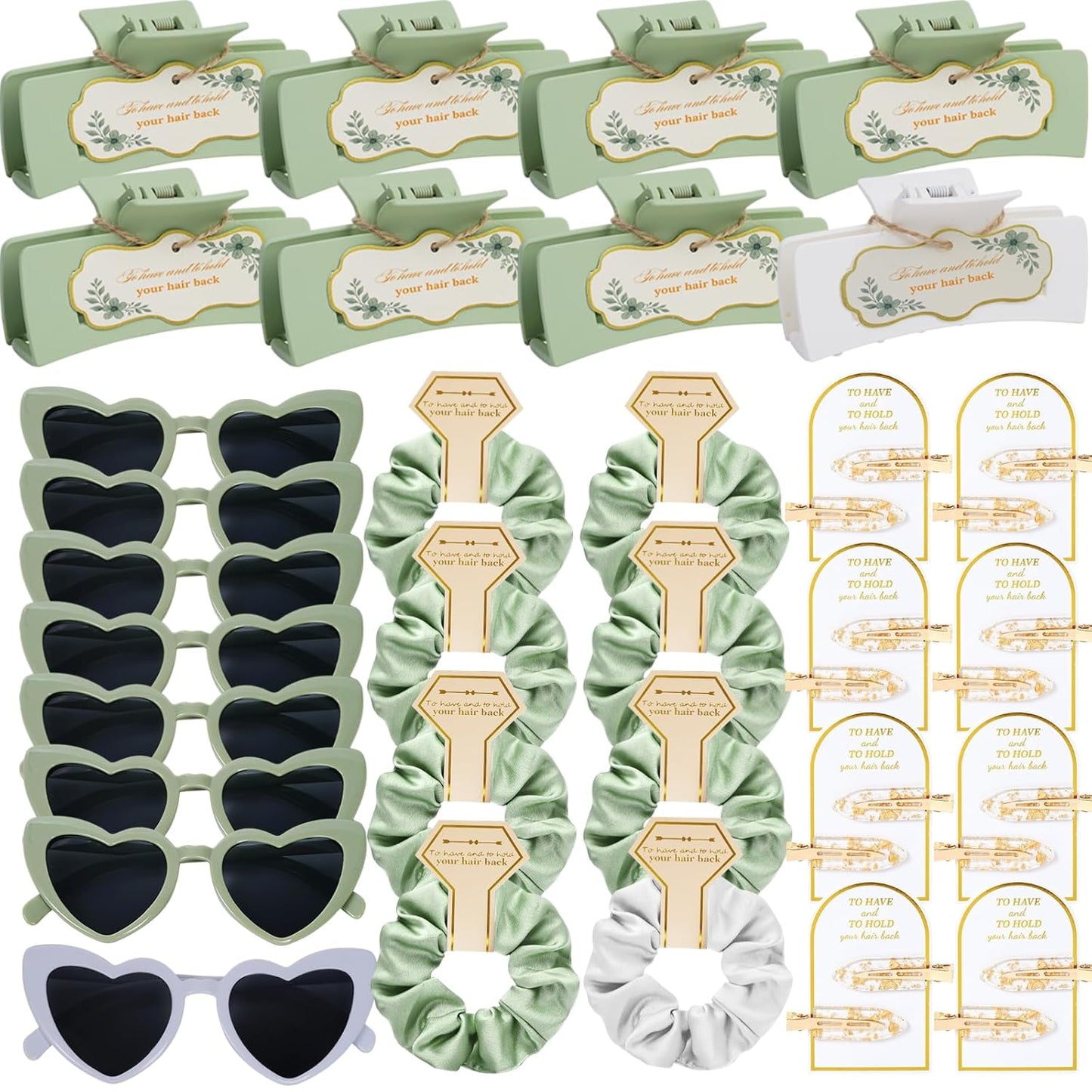 Sage Green Bridesmaid Gifts for Proposal, 8PCS Girls Gift Set with Hair Claws, Scrunchies, Makeup Clips & Heart Sunglasses, Wedding Bachelorette Party Favors, Birthday Gifts for Women Teens