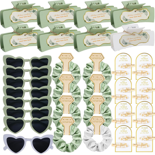 Sage Green Bridesmaid Gifts for Proposal, 8PCS Girls Gift Set with Hair Claws, Scrunchies, Makeup Clips & Heart Sunglasses, Wedding Bachelorette Party Favors, Birthday Gifts for Women Teens