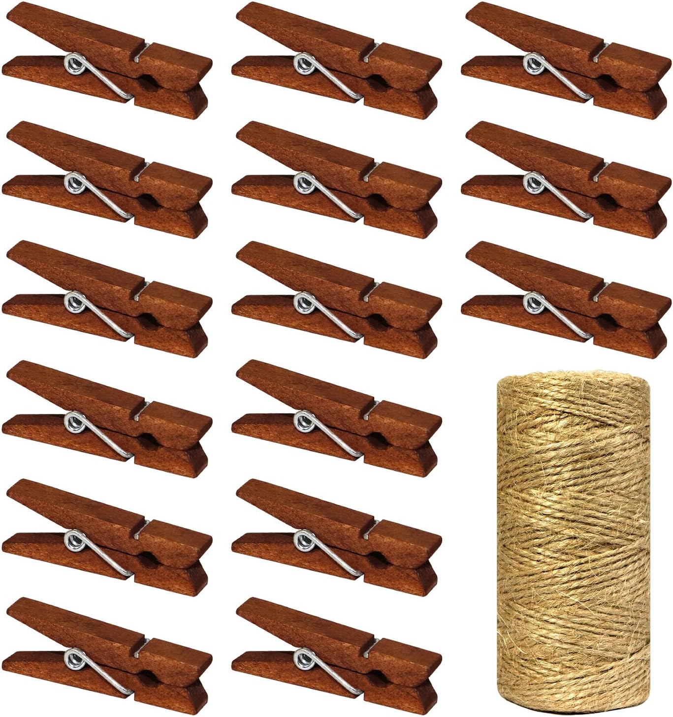 Mini Natural Wooden Clothespins with Jute Twine, 100pcs, 1.4 Inch Photo Paper Peg Pin Craft Clips with 320ft Natural Twine for Scrapbooking, Arts & Crafts, Hanging Photos (Rustic Brown)