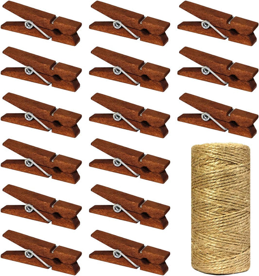 Mini Natural Wooden Clothespins with Jute Twine, 100pcs, 1.4 Inch Photo Paper Peg Pin Craft Clips with 320ft Natural Twine for Scrapbooking, Arts & Crafts, Hanging Photos (Rustic Brown)