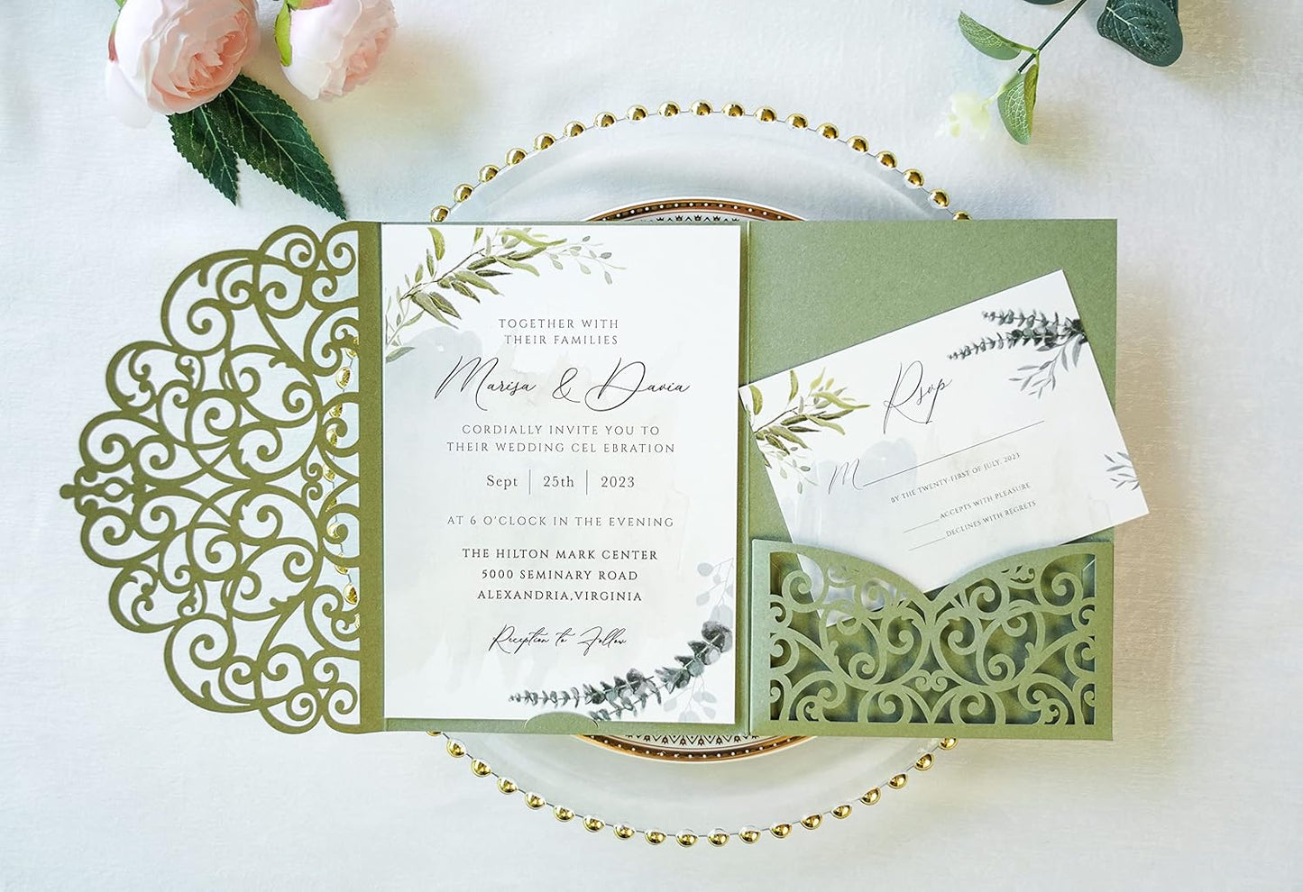 ponatia 5.12 x 7.2 Sage Green Laser Cut Wedding Invitations, 20PCS Tri-Fold 5x7 Trifold Laser Cut Invitation Pockets with Envelopes for Wedding Bridal Shower Engagement (No Inner Sheet)
