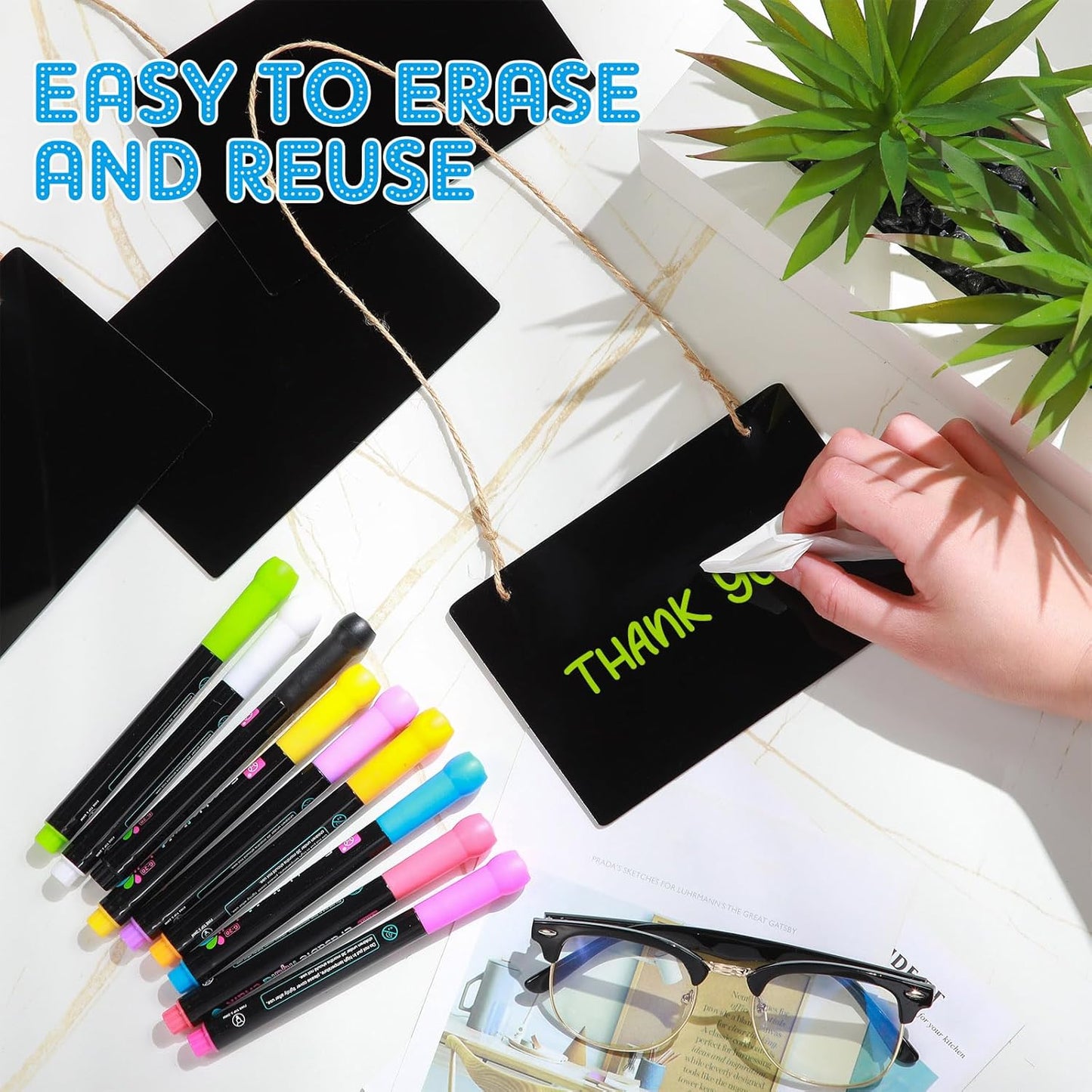 12 Pcs 4 x 6 Acrylic Chalkboard Hanging Sign with Chalk Markers Chalk Board Signs with Hanging String for Wedding Kitchen Home Party Decoration (Rectangle)