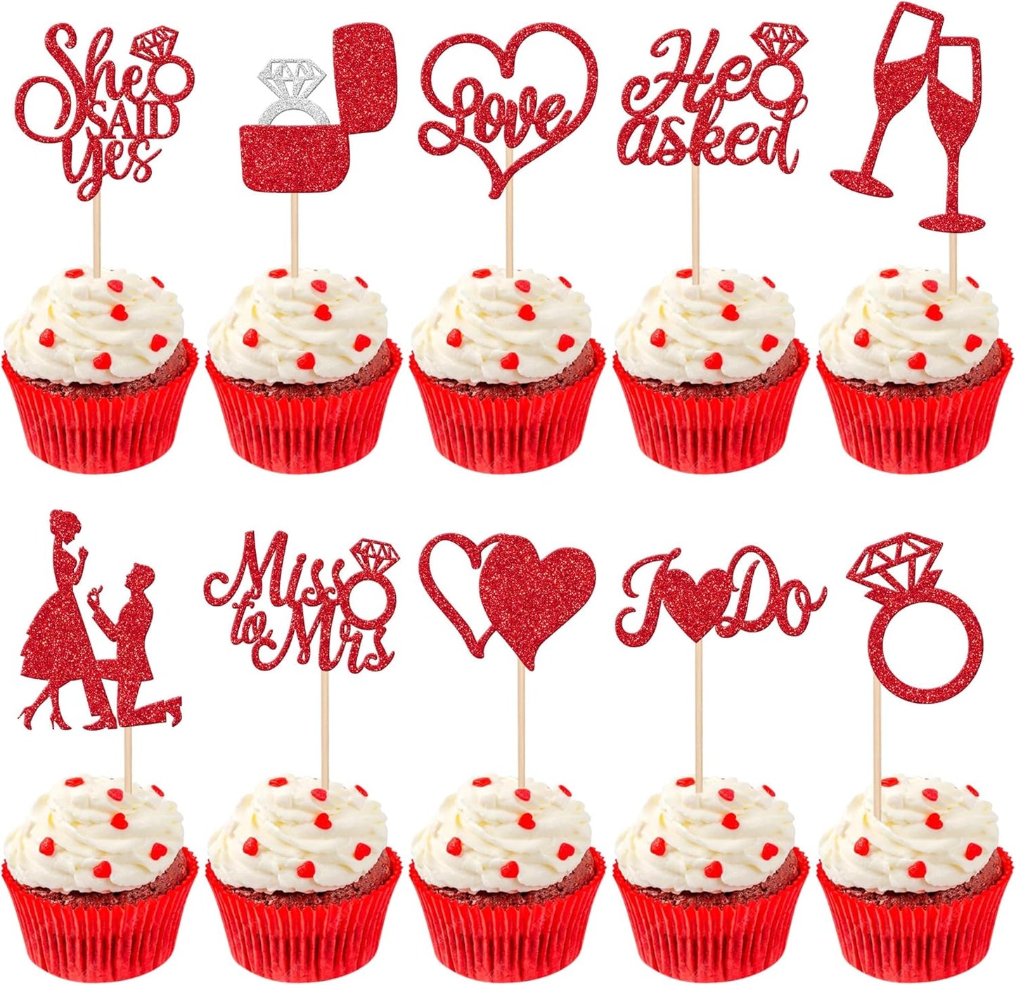 30 PCS He Asked She Said Yes Cupcake Toppers Glitter Engagement Cupcake Toppers Miss to Mrs I Do Love Heart Ring Miss to Mrs Cupcake Picks for Wedding Engagement Party Cake Decorations Supplies Red