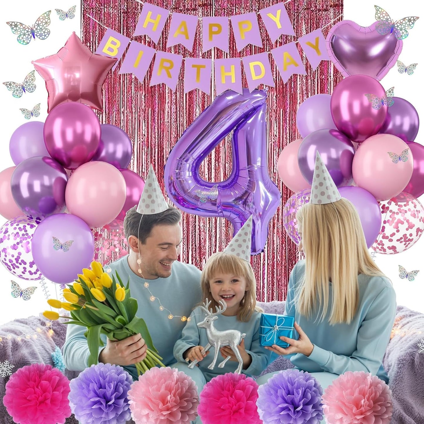 Pink Purple 4th Birthday Party Decorations for Girls Number 4 Balloon Happy Birthday Banner Butterfly Stickers Fringe Curtain Paper Pom Poms Metallic Hot Pink Star Foil Balloons 4 Year Old Princess
