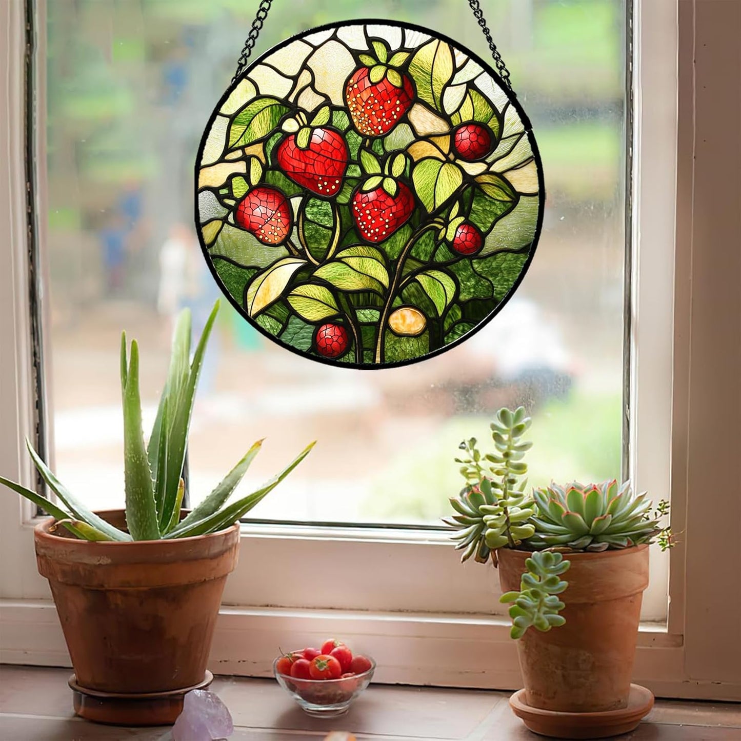 Stained Glass Window Hanging - Red Strawberry Suncatcher for Doors Window Home Green Plant Sun Catchers Decor Christmas Mother's Day Birthday Gifts for Teacher Women Men Mom Nana 6.3 in