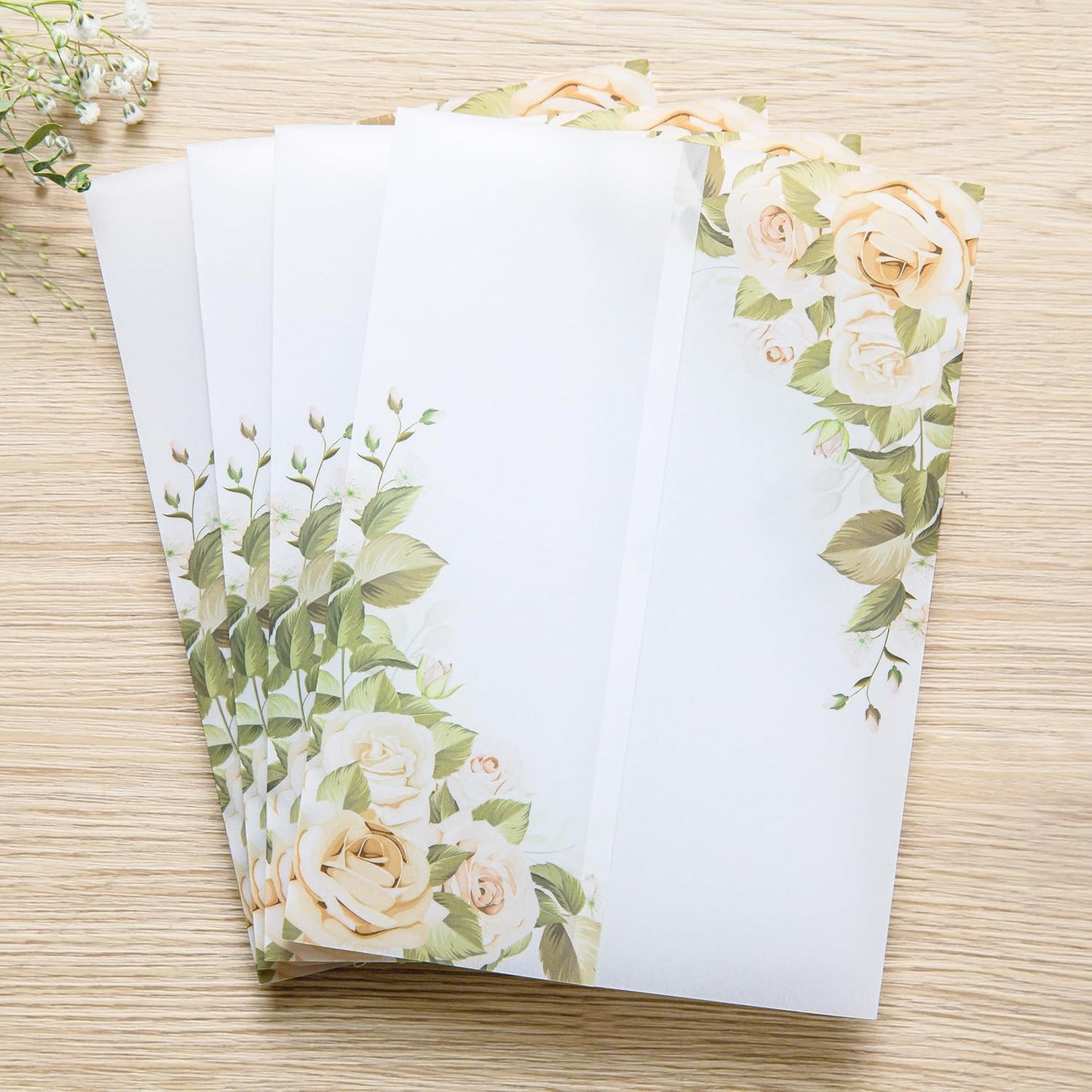 PONATIA 50PCS Vellum Jackets for 5x7 Invitation Cards- 135GSM Champagne Flowers Vellum Sleeves, VVellum Sleeves, 5x7 Clear Jackets - Wedding Invitations Wraps - Transparent Card Jackets