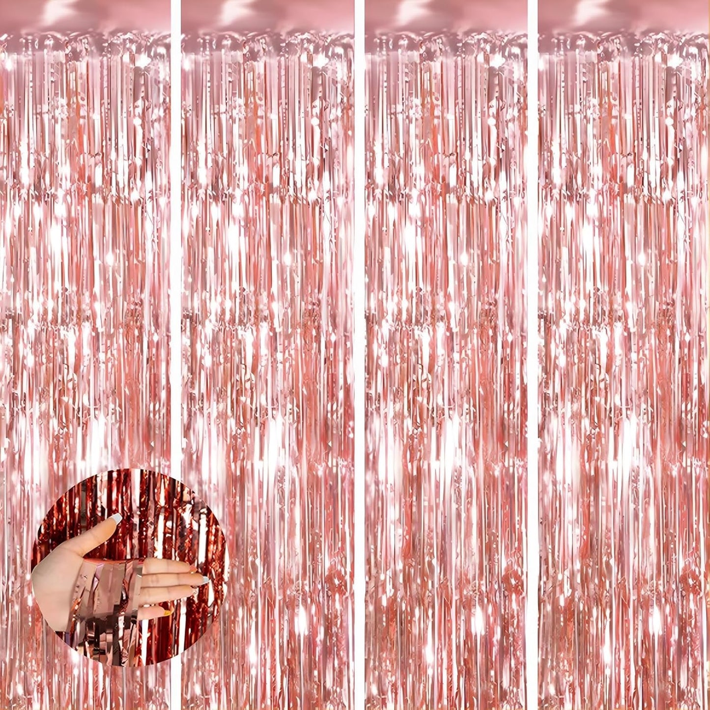 Keyali 4 Pack 3.3 * 8.3 ft Foil Curtain Metallic Tinsel Fringe Curtains Photo Booth Props Backdrop for Birthday Wedding Engagement Baby Shower Christmas Holiday Celebration Partyl,Rose Gold