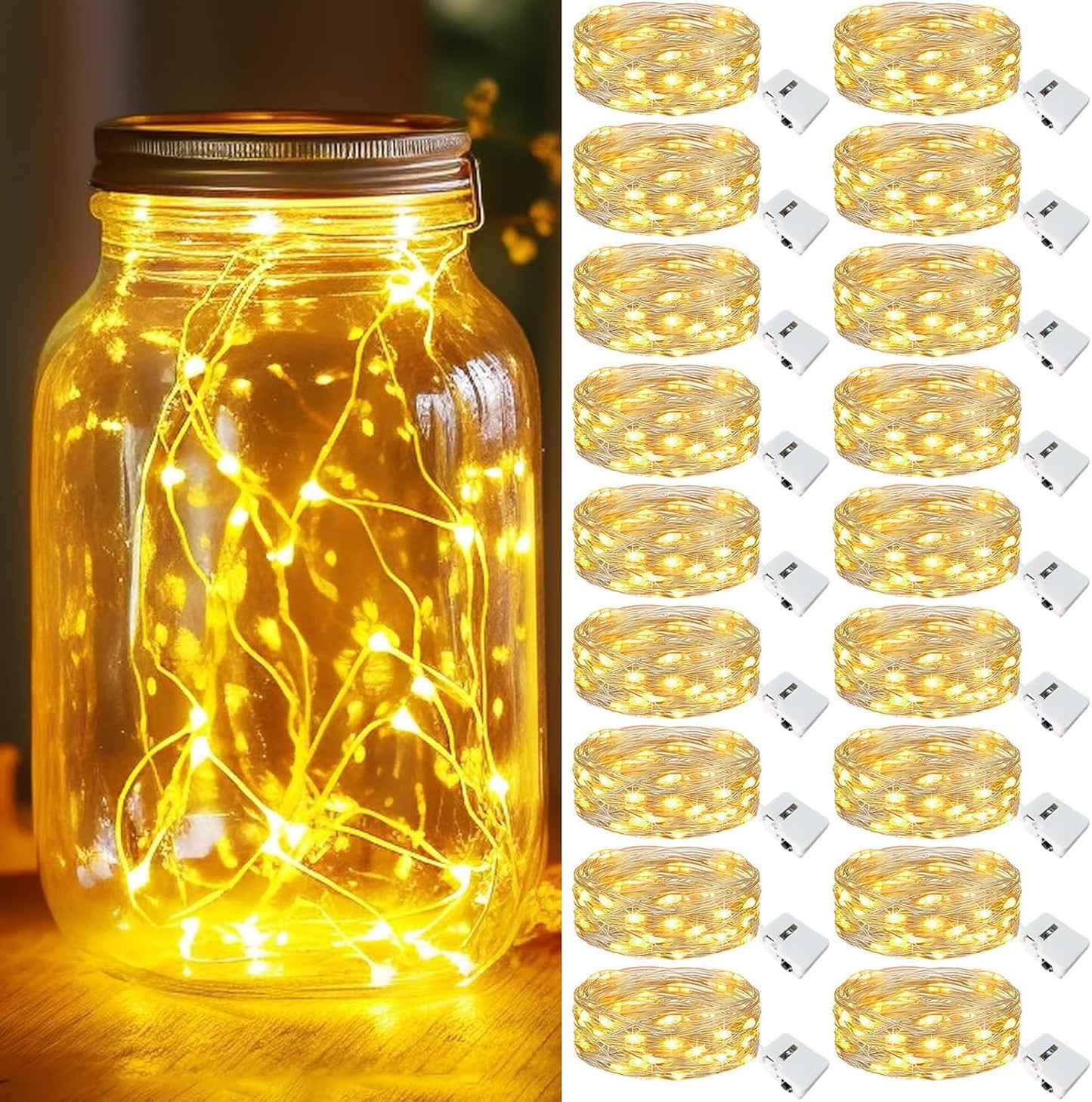 kolpop 18 Pack LED Fairy Lights Battery Operated, 7FT 20 LED Mini Twinkle String Lights Battery Powered Waterproof for Christmas Mason Jars Party (Warm White)