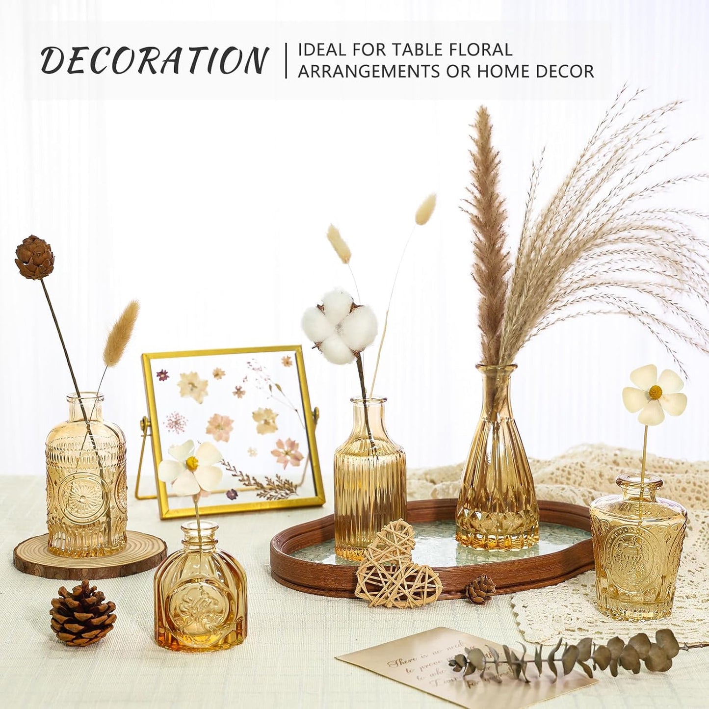 Glass Bud Vase Set of 5, Gold Amber Small Flower Vases for Centerpieces in Bulk, Mini Vintage Vase for Rustic Wedding, Home,Table Decoration