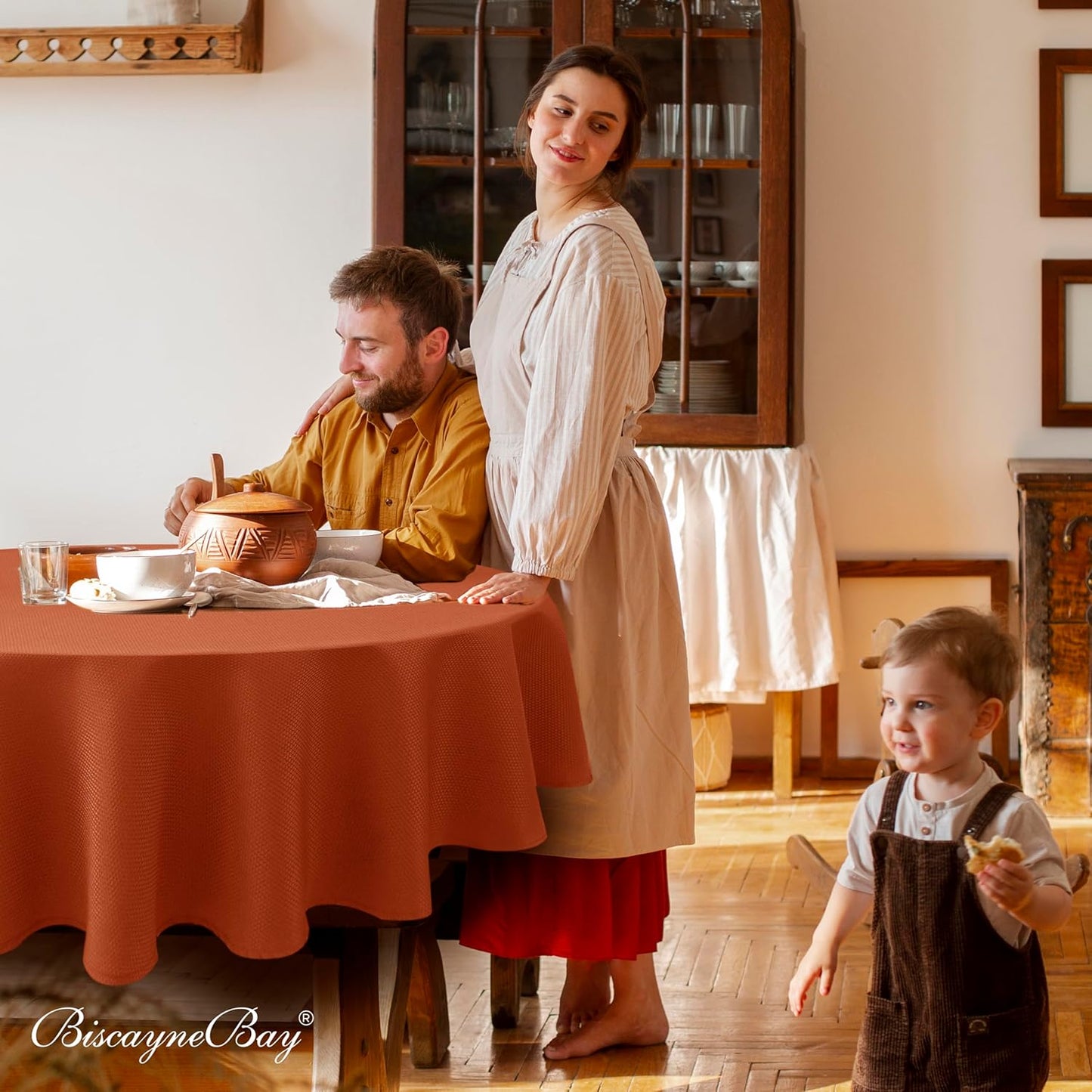 Biscaynebay Fall Tablecloth Textured Fabric Round Table Cloth 60" for Tables diameters from 28" to 48", Rust Thanksgiving Autumn Harvest Water Resistant Fabric Table Cover for Kitchen, Dining, Parties