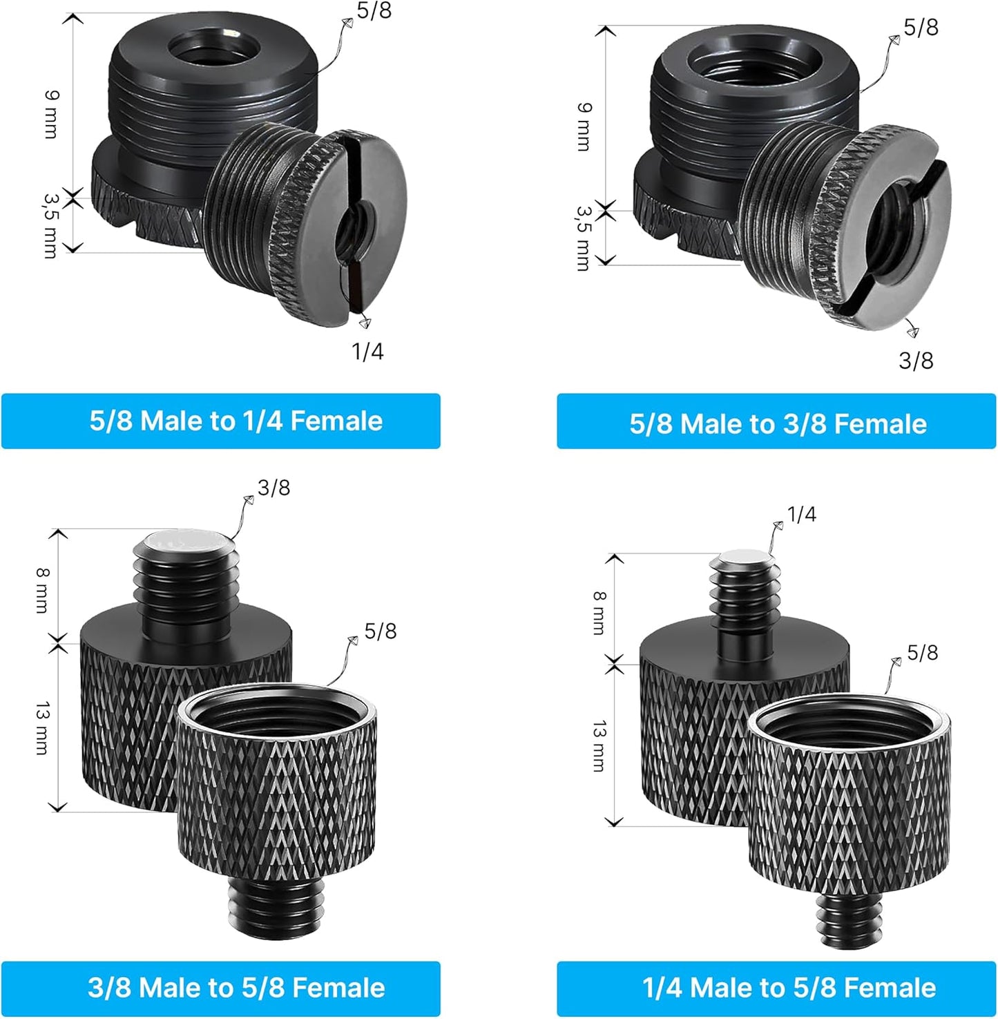 IXTECH Mic Stand Adapter Set 8 pieces Metal Microphone Stand Screw Thread Adapter 5/8 Female to 3/8 Male 3/8 Female to 5/8 Male 5/8 Female to 1/4 Male 1/4 Female to 5/8 Male Tripod Adapter ADP03 Black