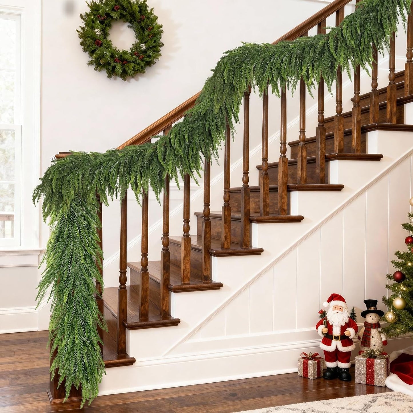 9FT Christmas Norfolk Pine Garland -2PCS, Artificial Pine Needles Garlands Faux Greenery Fake Garland for Holiday Fireplace,Table,Window,Stairs,Mante,Indoor Outdoor Decor