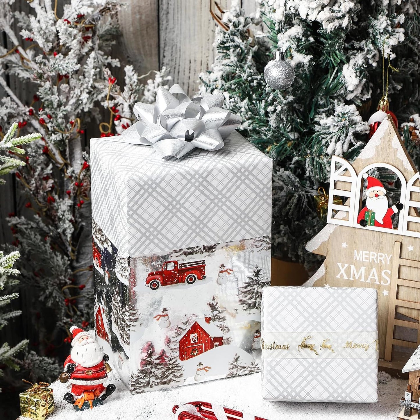 LeZakaa Christmas Silver Wrapping Paper Mini Roll for Boy Kid, Red Truck, Snowy Pine Forest & Grid Plaid, Silver Foil Reversible Design for Winter Holiday Family Gathering, 17 inches x 32.8 Feet