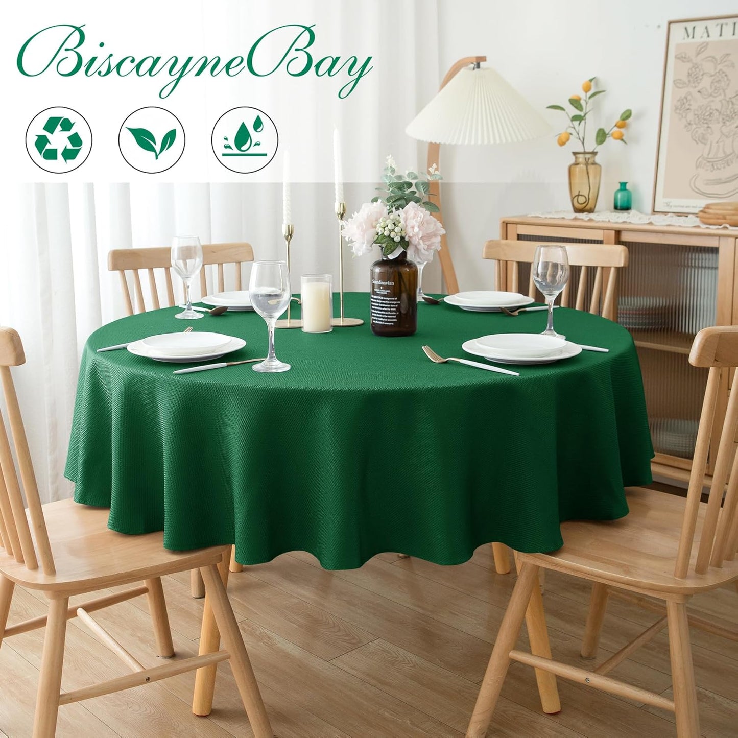 Biscaynebay Textured Fabric Round Christmas Tablecloths 70", Hunter Green Water Resistant Spill Proof Tablecloths for Dining, Kitchen, Wedding, Parties Machine Washable