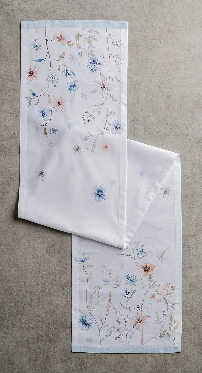 Maison d' Hermine Table Runner 100% Cotton Single Layer Table Runners 90 inches Long for Thanksgiving Christmas Decorations Home Kitchen Dining Party Wedding (Ice Florals, 14.5" x 90")