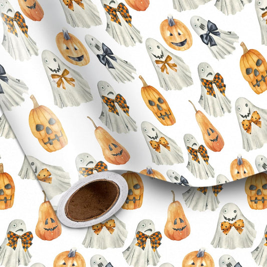 LeZakaa Halloween Wrapping Paper Roll for Kids, Watercolor Ghosts Pumpkins with Bows Spooky Soft Vintage Design, for Trick-or-Treat Decor,Aesthetic Holiday Packaging, Mini Roll 17 in x 16.4 Ft