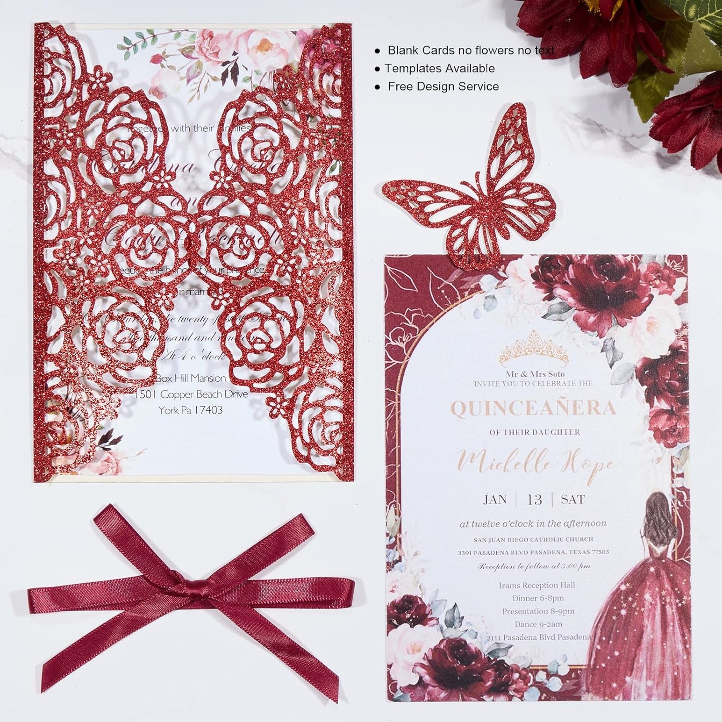 50pcs Burgundy Glitter Wedding Invitation Butterfly Rose Laser Cut Invitation Sleeve with Personalized Invitations Card, White Envelopes, for Wedding Bridal Shower Engagement (Default Blank Card)