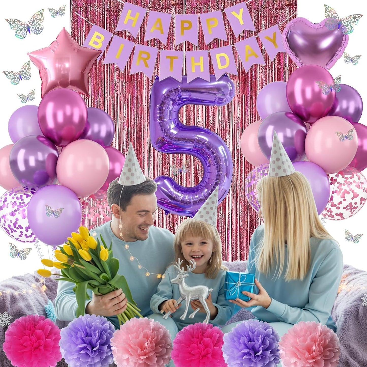 Pink Purple 5th Birthday Party Decorations for Girls Number 5 Balloon Happy Birthday Banner Butterfly Stickers Fringe Curtain Paper Pom Poms Metallic Hot Pink Star Foil Balloons 5 Year Old Princess