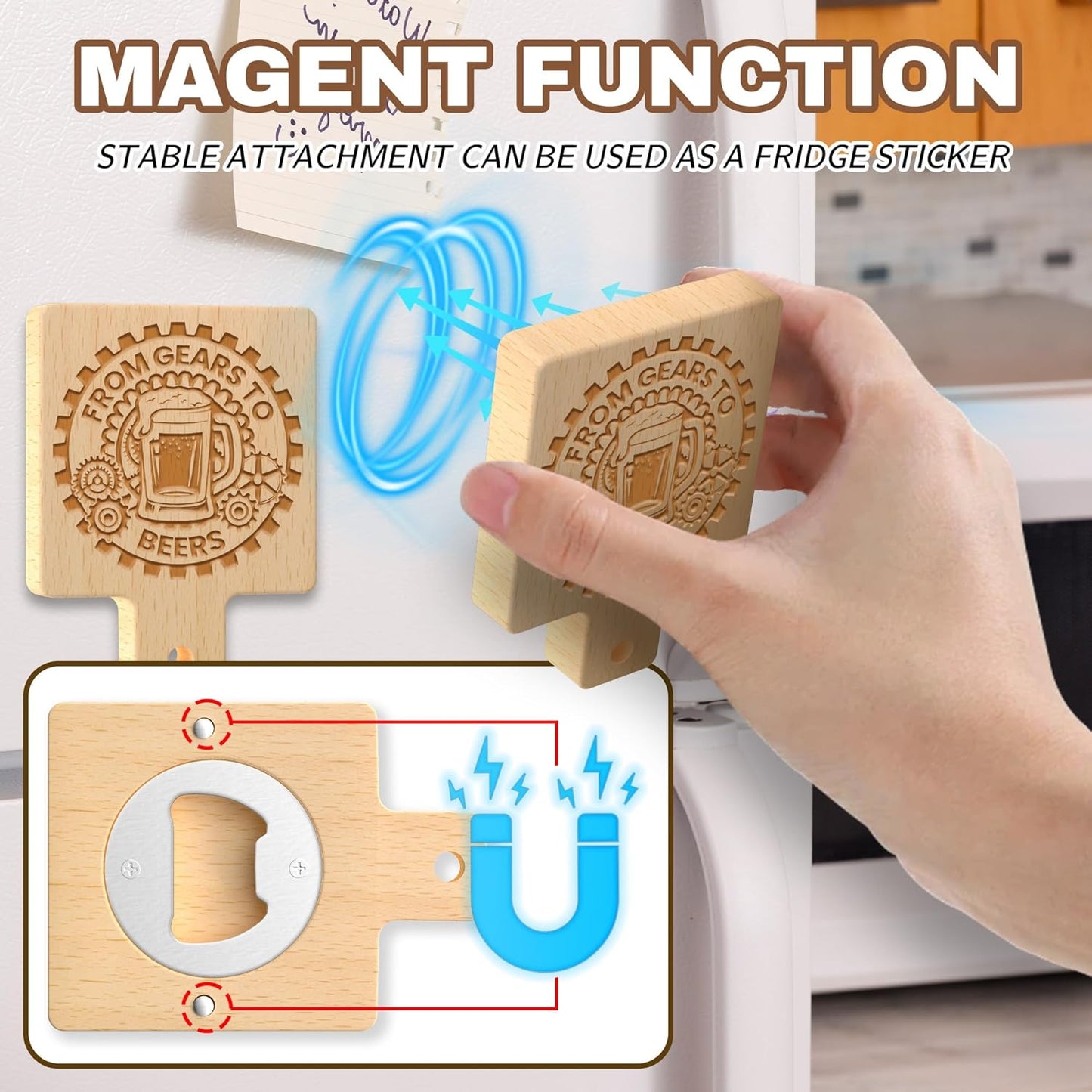 8 Custom Magnetic Bottle Opener Refrigerator, Personalized Engraved Wood Beer Openers, Wooden Round Fridge Magnet for Beer Lover Wedding Guest Bars Parties Men Gift Father's Day (Square With Handle)