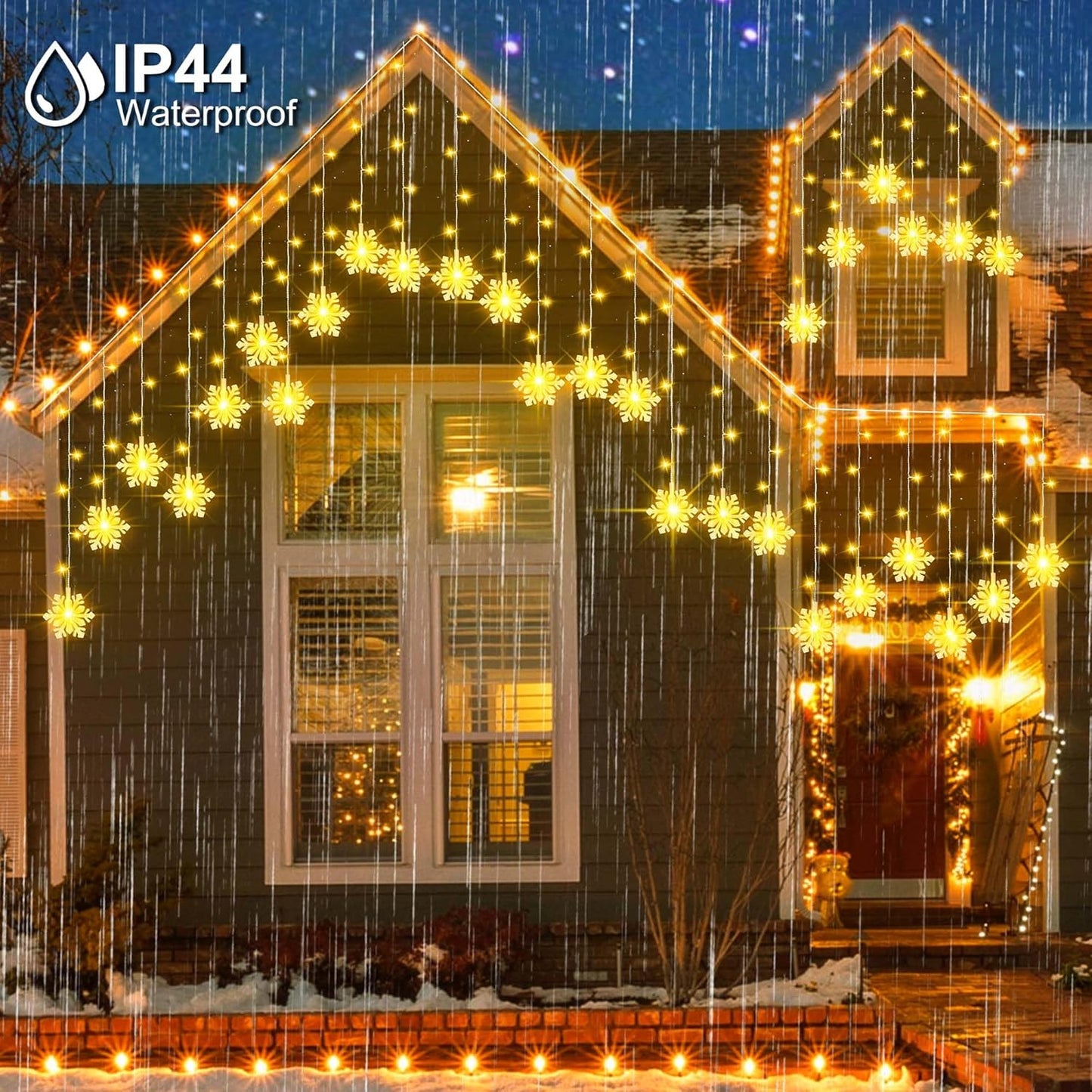 150 LED Christmas Icicle Lights with Snowflakes, Hanging Snowflake Light with 8 Modes, Connectable Warm White Icicle Lights for Outside, Roof, Window, Holiday Party Decor