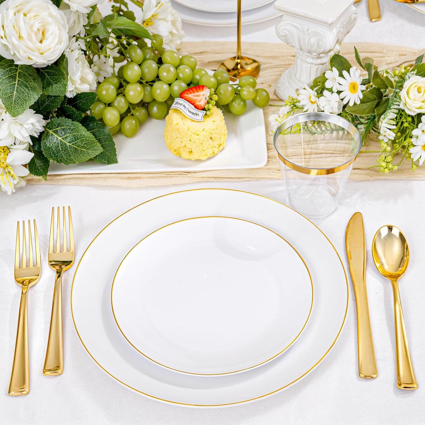 KIRE 175PCS Gold Plates Disposable - Heavy Duty White and Gold Plastic Plates Dinnerware Sets - 25 for Dinner 25 for Dessert 25 Pre Rolled Napkins and 25 Cups for Birthday/Thanksgiving Party/Wedding