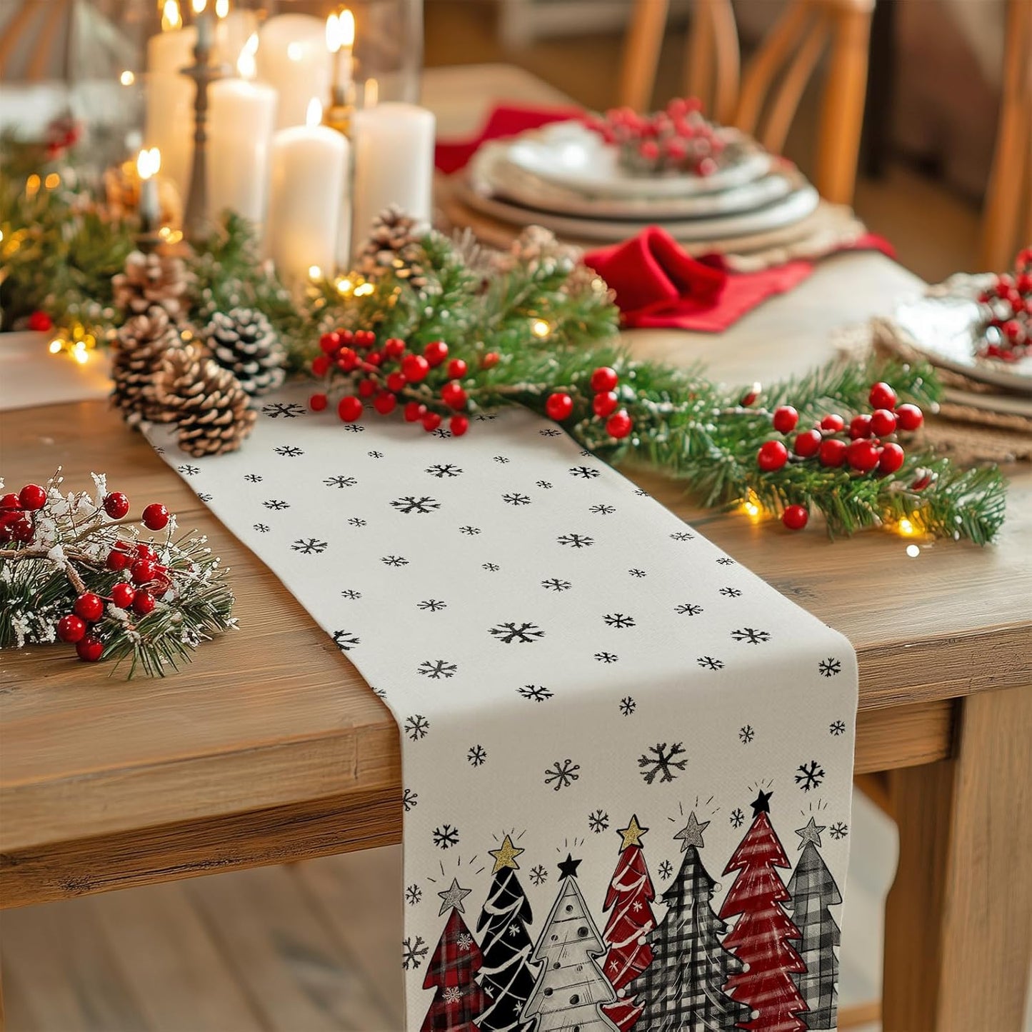 GEEORY Christmas Table Runner 13x48 Inch, Xmas Tees Snowflakes Holiday Decorative Farmhouse Table Decoration for Kitchen Dinning, Indoor Outdoor Dinner Party Decor ((Red & Black) GT165-48