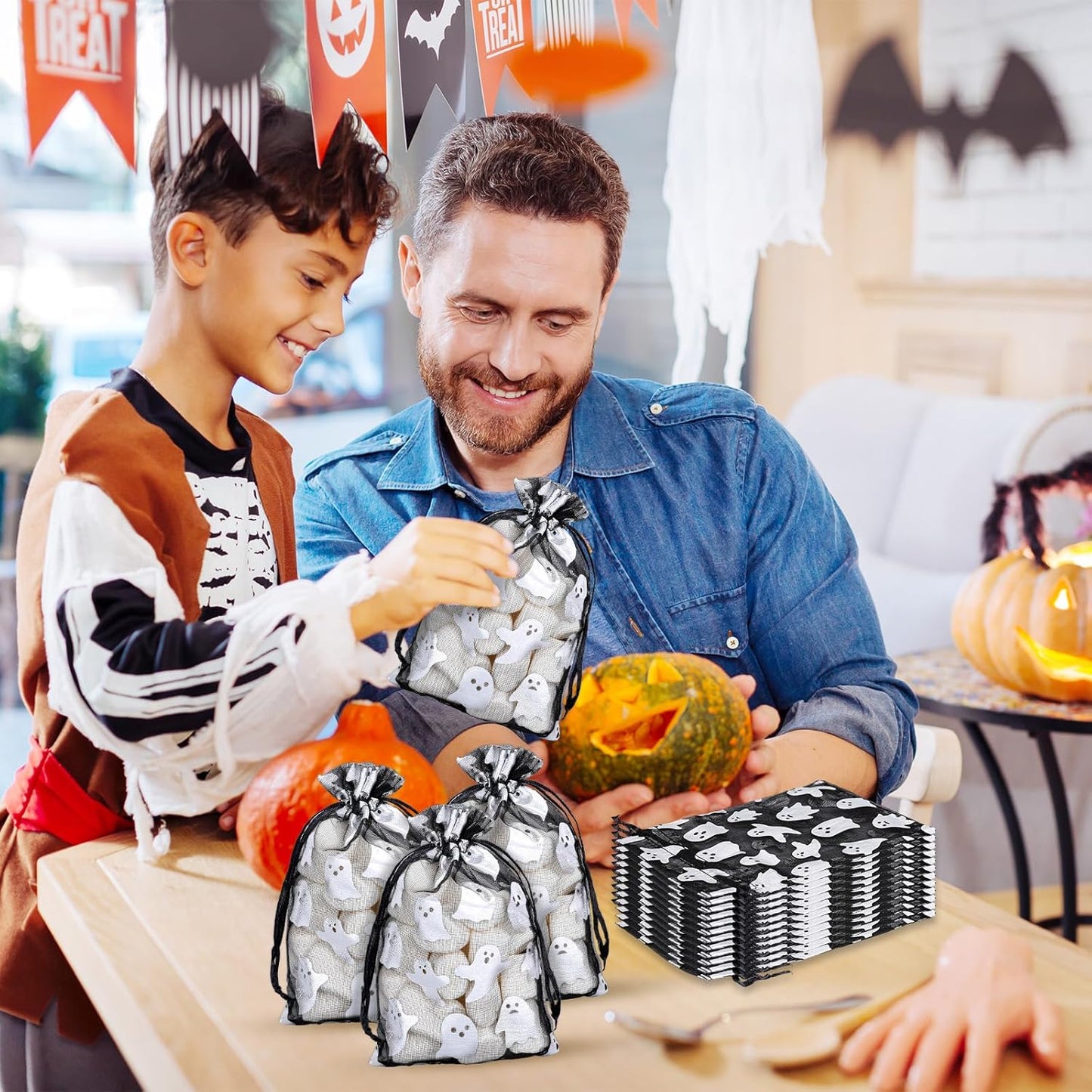 Whaline 100Pcs Halloween Organza Drawstring Bags Cute Foil Silver Ghost Jewelry Gift Bag 4''x6'' Small Mesh Favor Bags for Trick or Treat Birthday Baby Shower Party Supplies