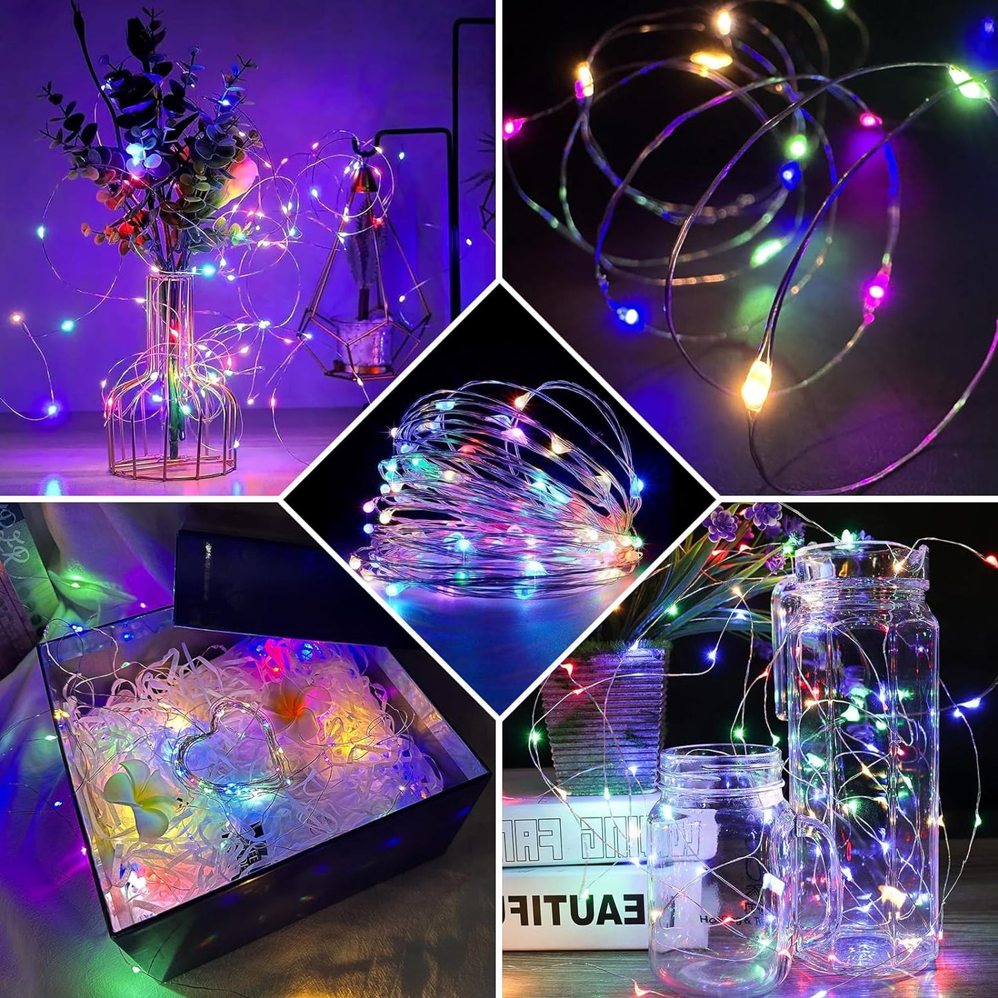 Fairy Lights 7Ft 20 LED Twinkle String Lights 3 Modes Battery Operated Waterproof Firefly Starry for Mason Jar Party Wedding Christmas Valentines Day Table Centerpieces(Rainbow,100 Pack)