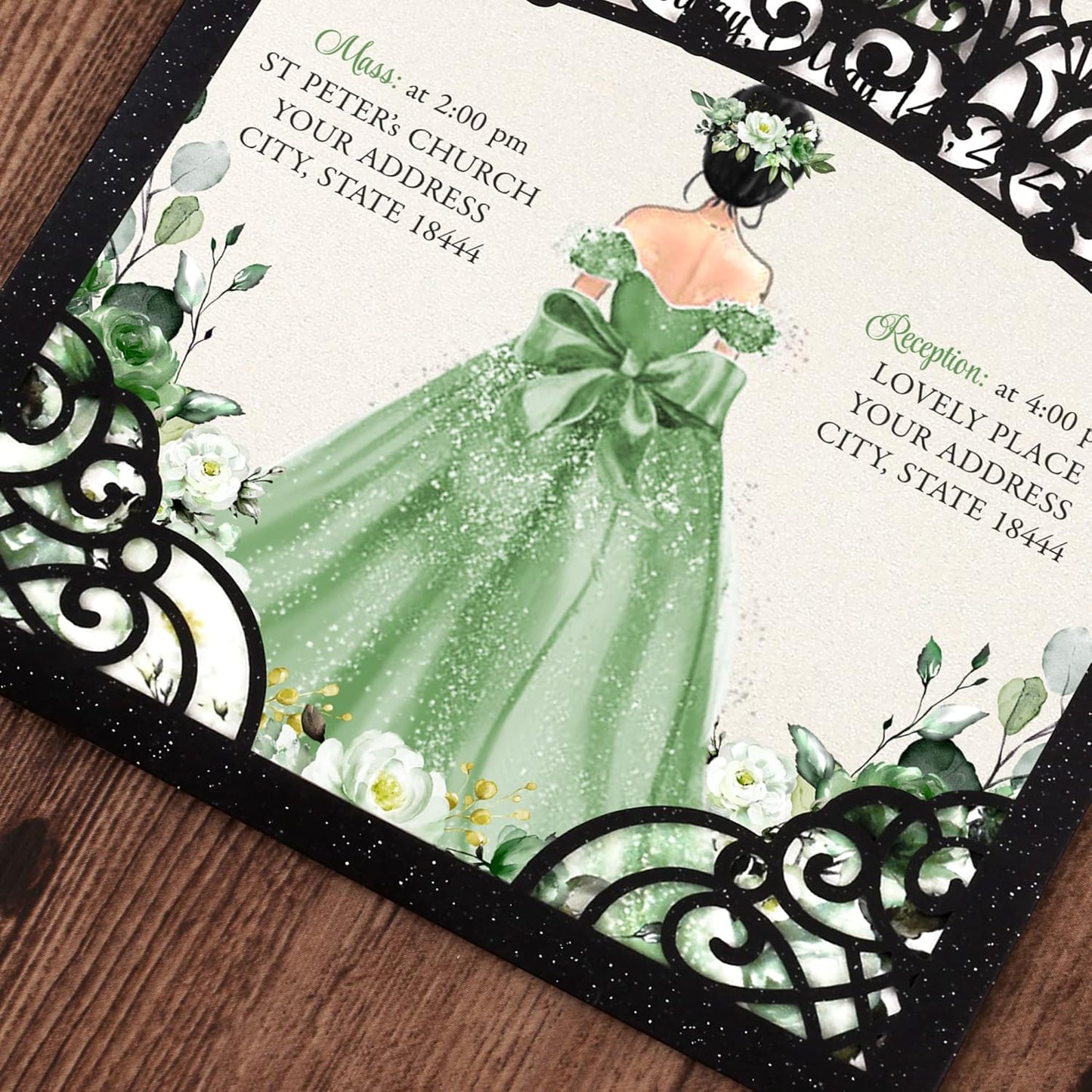 50Pcs Sage Green Crown Invitations for Quinceanera, 15 year, Sweet 16, Miss XV, Birthday Laser Cut Quince Invitation Cards Personalized Pearlized Black