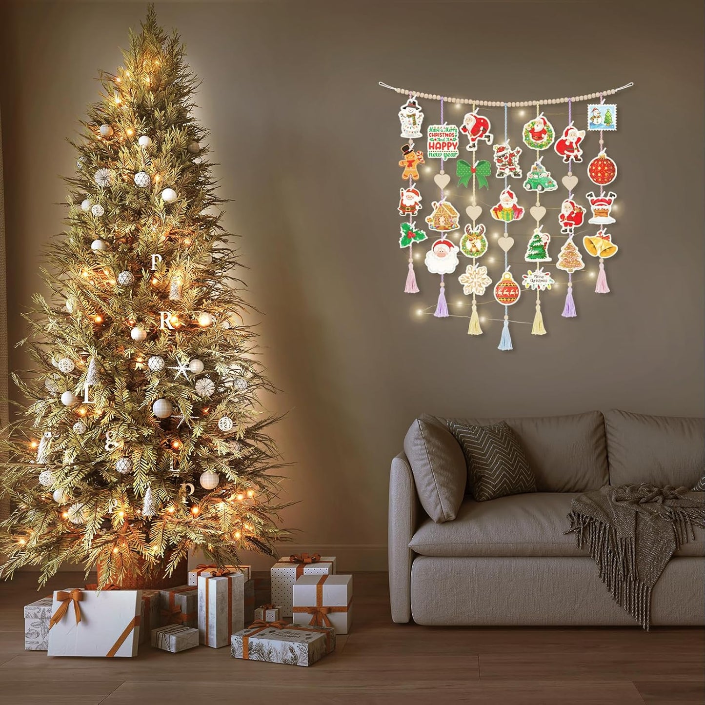 Boho Macrame Wall Decor with Hanging Photo Display and Fairy Lights 14 Wood Clips Picture Frame Holder for Teen Girl Gifts Bedroom Dorm Decor Christmas Birthday Party Art Hanging Decor