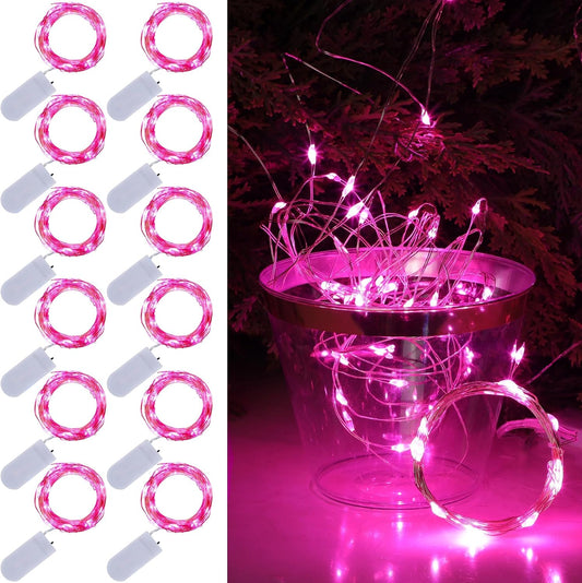 WATERGLIDE 12 Pack Fairy Lights Battery Operated (Included), 7 ft 20 LED Mini String Lights, Waterproof Silver Wire Firefly Starry Light for DIY Wedding Christmas Party Mason Jars Decor, Pink